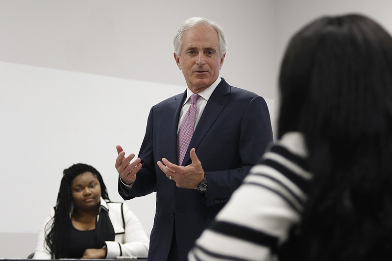 Staff Photo by Dan Henry / The Chattanooga Times Free Press- 11/9/15. U.S. Senator Bob Corker speaks with students at the STEM school on the Chattanooga State Community College's campus about foreign relations on Monday, November 9, 2015. 