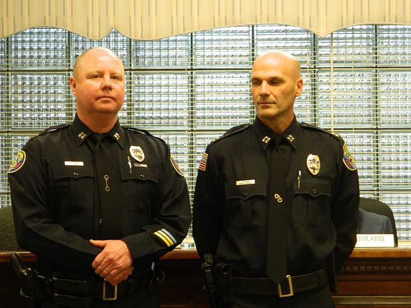 During the Cleveland City Council meeting Monday, Cleveland Police Chief Mark Gibson introduced his new command staff: Capt. Stacy Smith, captain of operations, left, and Capt. Robert Harbison, captain of professional standards.