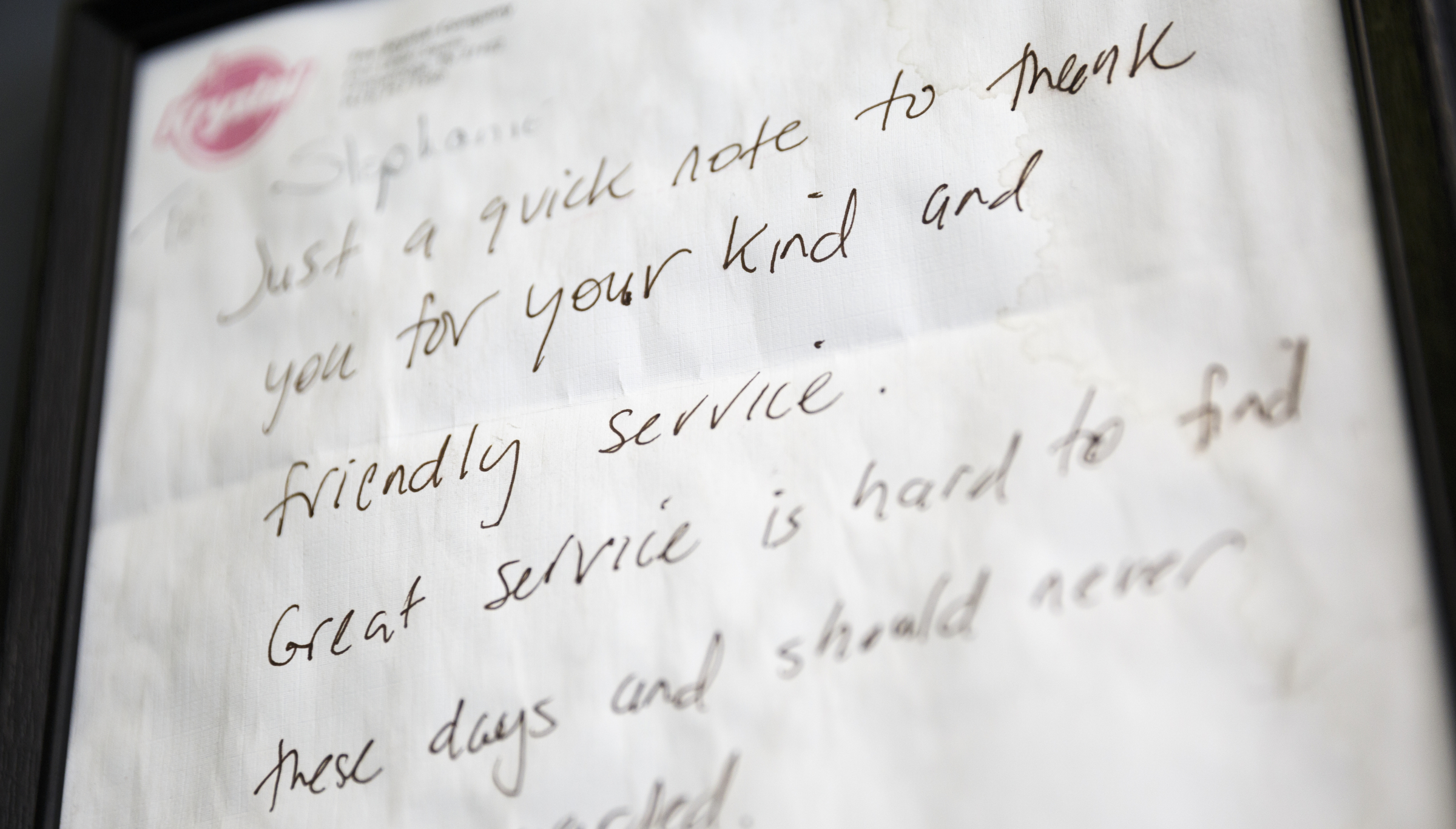 A thank you note from a customer is displayed on the wall at Market Street Tire & Auto on Wednesday, Nov. 11, 2015, in Chattanooga, Tenn. The business is preparing to close for 6-8 weeks before returning as a corporate Firestone Tire location.