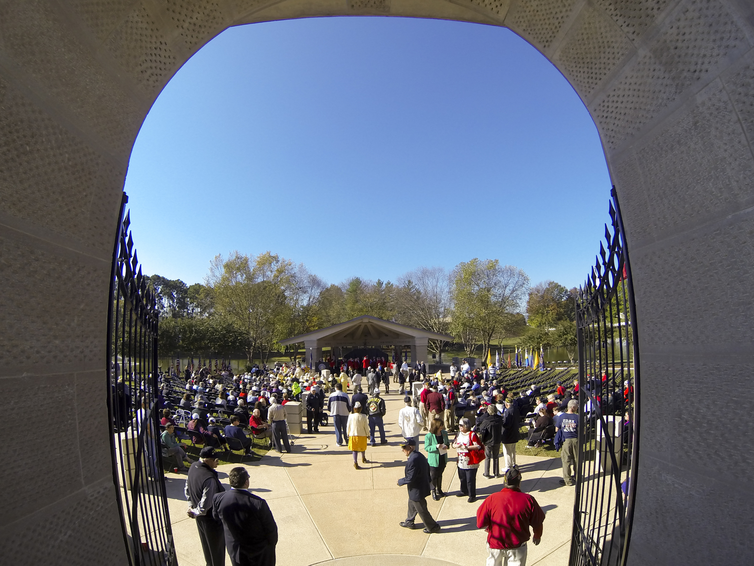 Staff Photo by Dan Henry / The Chattanooga Times Free Press- 11/11/15. Patriots, veterans and officials arrive to attend a special Veteranճ Day tribute on November, 11, 2015 at the Chattanooga National Cemetery Armed Forces Pavillon. The Chattanooga National Cemetery and the Chattanooga Area Veterans Council hosted the event.