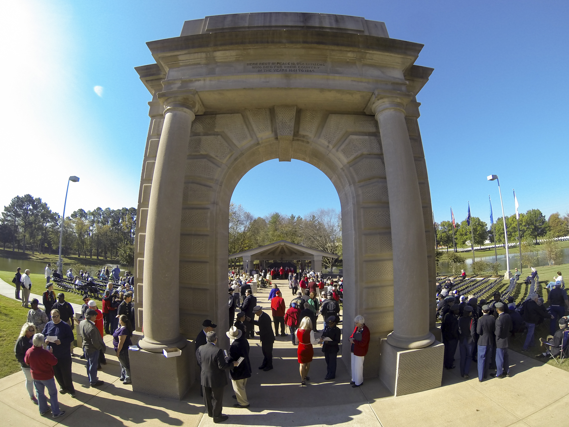 Staff Photo by Dan Henry / The Chattanooga Times Free Press- 11/11/15. Patriots, veterans and officials arrive to attend a special Veteranճ Day tribute on November, 11, 2015 at the Chattanooga National Cemetery Armed Forces Pavillon. The Chattanooga National Cemetery and the Chattanooga Area Veterans Council hosted the event.