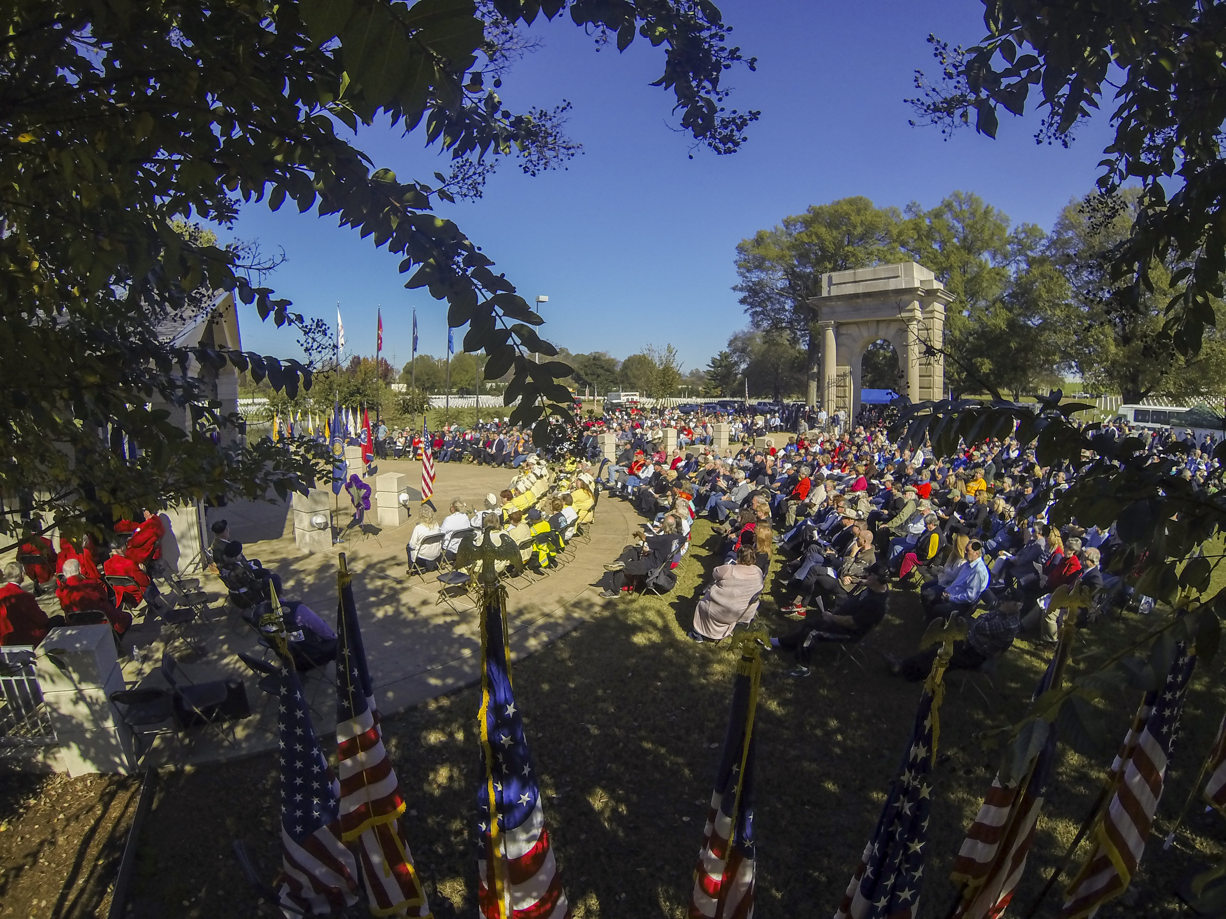 Staff Photo by Dan Henry / The Chattanooga Times Free Press- 11/11/15. Patriots, veterans and officials attend a special Veteranճ Day tribute on November, 11, 2015 at the Chattanooga National Cemetery Armed Forces Pavillon. The Chattanooga National Cemetery and the Chattanooga Area Veterans Council hosted the event.