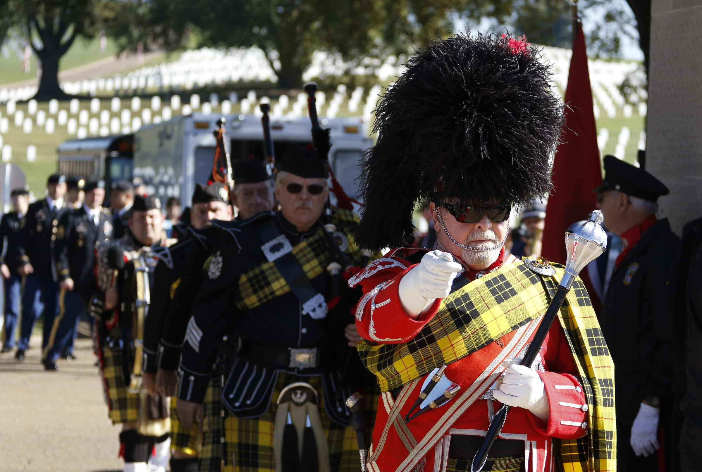 Staff Photo by Dan Henry / The Chattanooga Times Free Press- 11/11/15. Brian Murray, drum major on parade, leads members of the Alhambra Shrine Highlander Pipes and Drums during a special Veteranճ Day tribute on November, 11, 2015 at the Chattanooga National Cemetery Armed Forces Pavillon. The Chattanooga National Cemetery and the Chattanooga Area Veterans Council hosted the event.