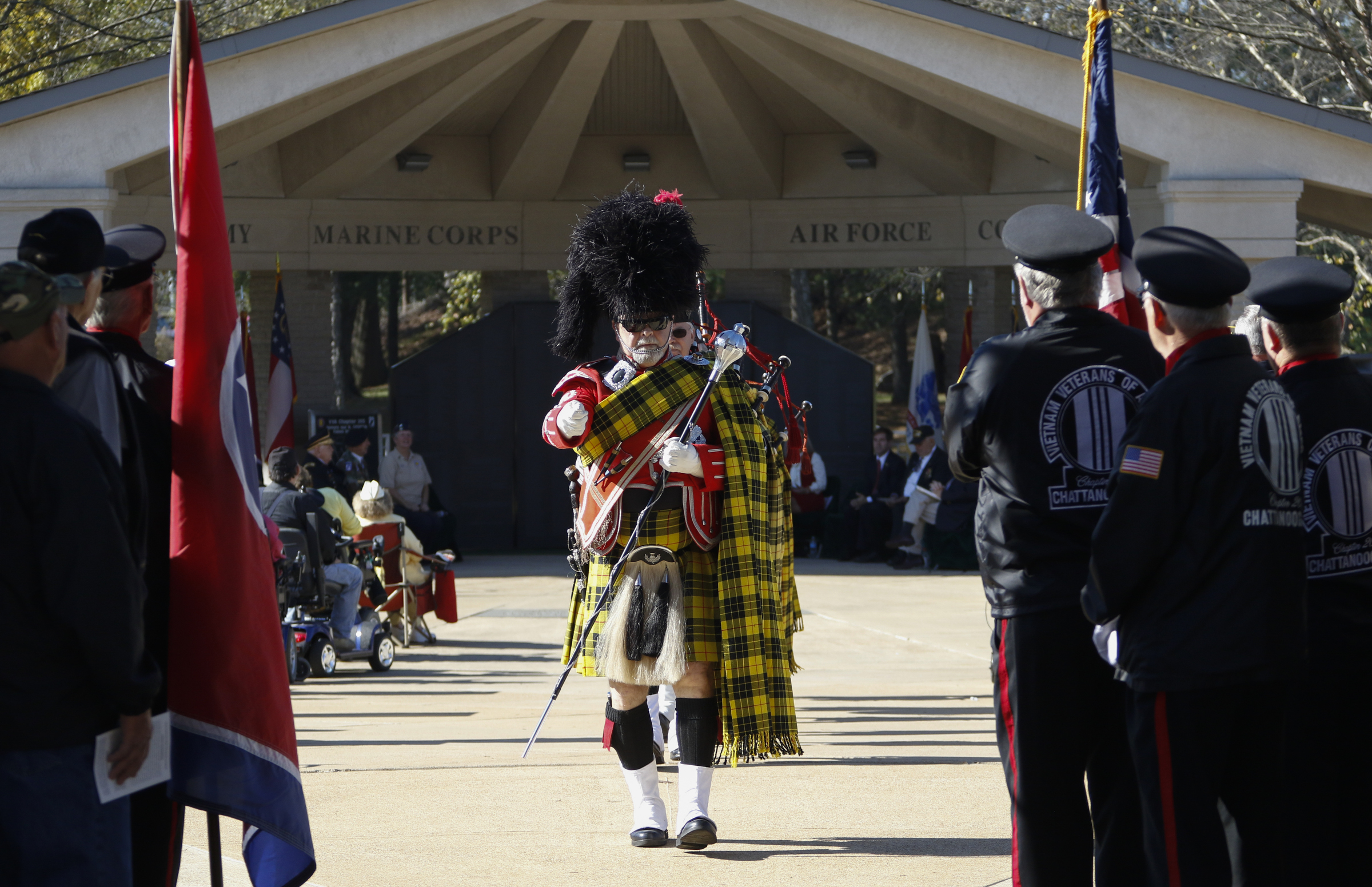 Staff Photo by Dan Henry / The Chattanooga Times Free Press- 11/11/15. Brian Murray, drum major on parade, leads members of the Alhambra Shrine Highlander Pipes and Drums during a special Veteranճ Day tribute on November, 11, 2015 at the Chattanooga National Cemetery Armed Forces Pavillon. The Chattanooga National Cemetery and the Chattanooga Area Veterans Council hosted the event.