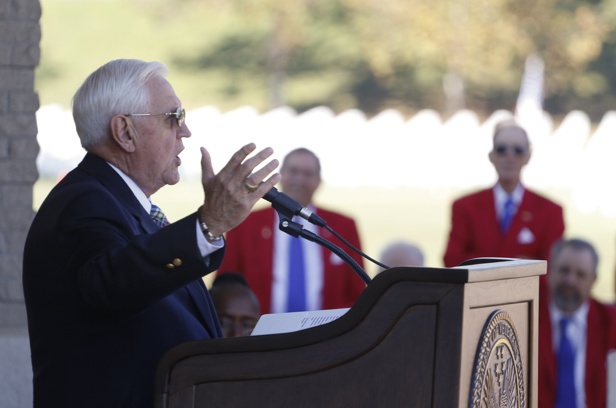 Staff Photo by Dan Henry / The Chattanooga Times Free Press- 11/11/15. Keynote speaker Jesse "Bud" Alley talks to patriots, veterans and officials during a special Veteranճ Day tribute on November, 11, 2015 at the Chattanooga National Cemetery Armed Forces Pavillon. The Chattanooga National Cemetery and the Chattanooga Area Veterans Council hosted the event.