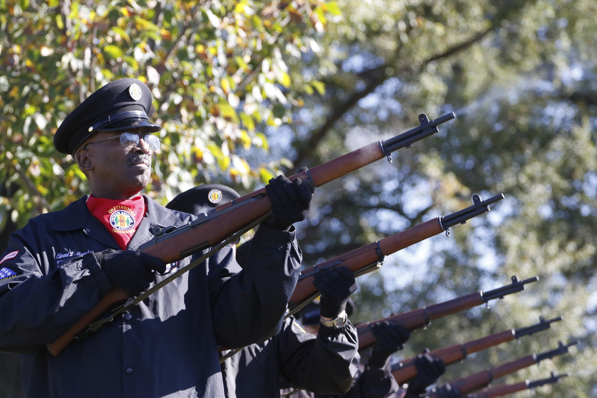 Staff Photo by Dan Henry / The Chattanooga Times Free Press- 11/11/15. Edward Shropshire fires his rifle during a 21-gun-salute concluding a special Veteranճ Day tribute on November, 11, 2015 at the Chattanooga National Cemetery Armed Forces Pavillon. The Chattanooga National Cemetery and the Chattanooga Area Veterans Council hosted the event.