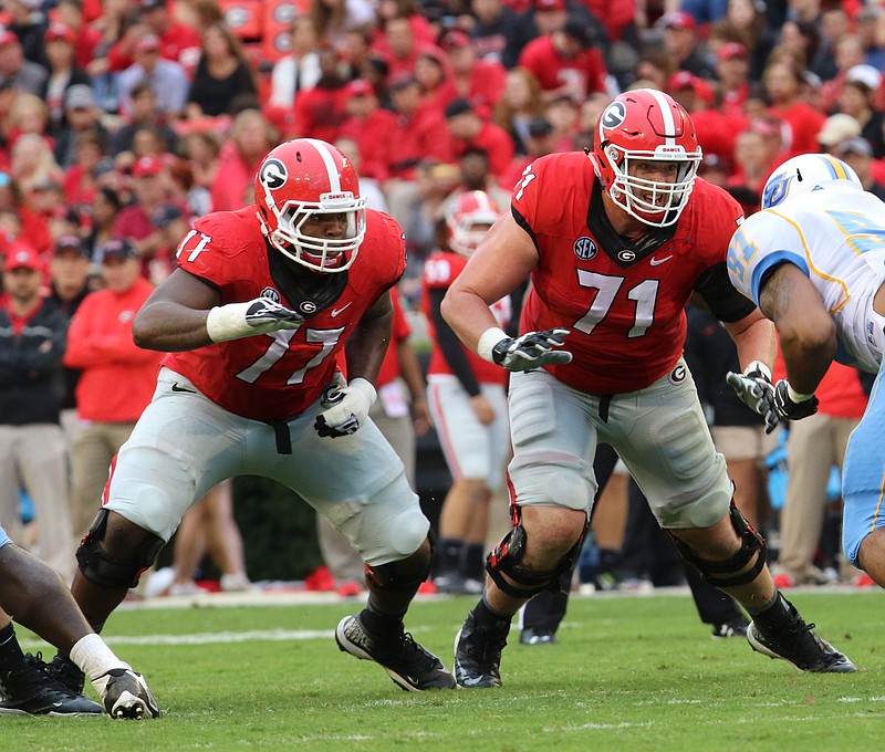 Georgia sophomore lineman Isaiah Wynn (77) has spent most of this season at left guard but recently became the starting left tackle, replacing John Theus (71).