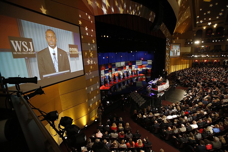 Ben Carson is seen on the monitor during the Republican presidential debate at the Milwaukee Theatre last week.