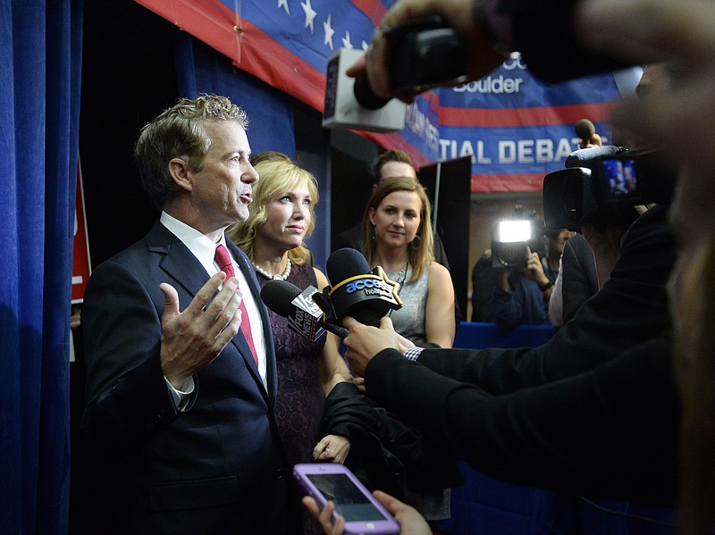 Republican presidential candidate Rand Paul speaks with members of the media after the CNBC Republican presidential debate Wednesday, Oct. 28, 2015, at the Coors Event Center on the University of Colorado campus in Boulder, Colo. (Jeremy Papasso/Daily Camera via AP) NO SALES; MANDATORY CREDIT 