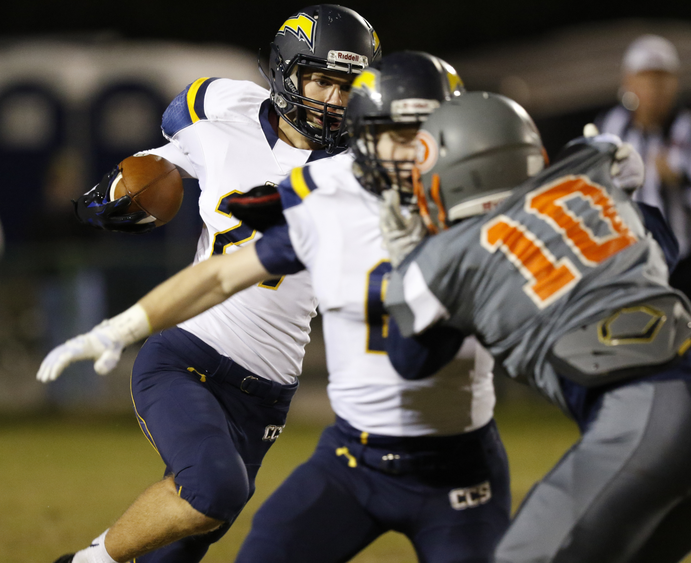 *Staff Photo by Dan Henry / The Chattanooga Times Free Press- 11/13/15. Chattanooga Christian's Will Patton (27) runs the ball while playing East Ridge at the Pioneer's home field on Friday, November 13, 2015.