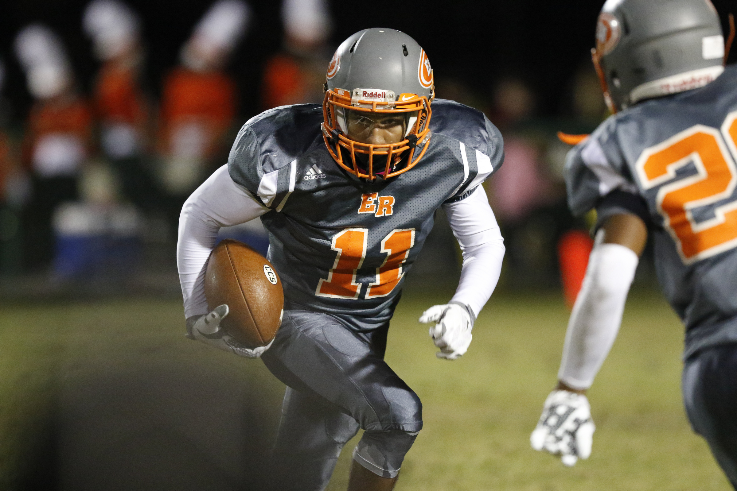 *Staff Photo by Dan Henry / The Chattanooga Times Free Press- 11/13/15. East Ridge's Jesse Jones (11) looks for an open hole in the Chattanooga Christian defensive line at the Pioneer's home field on Friday, November 13, 2015.