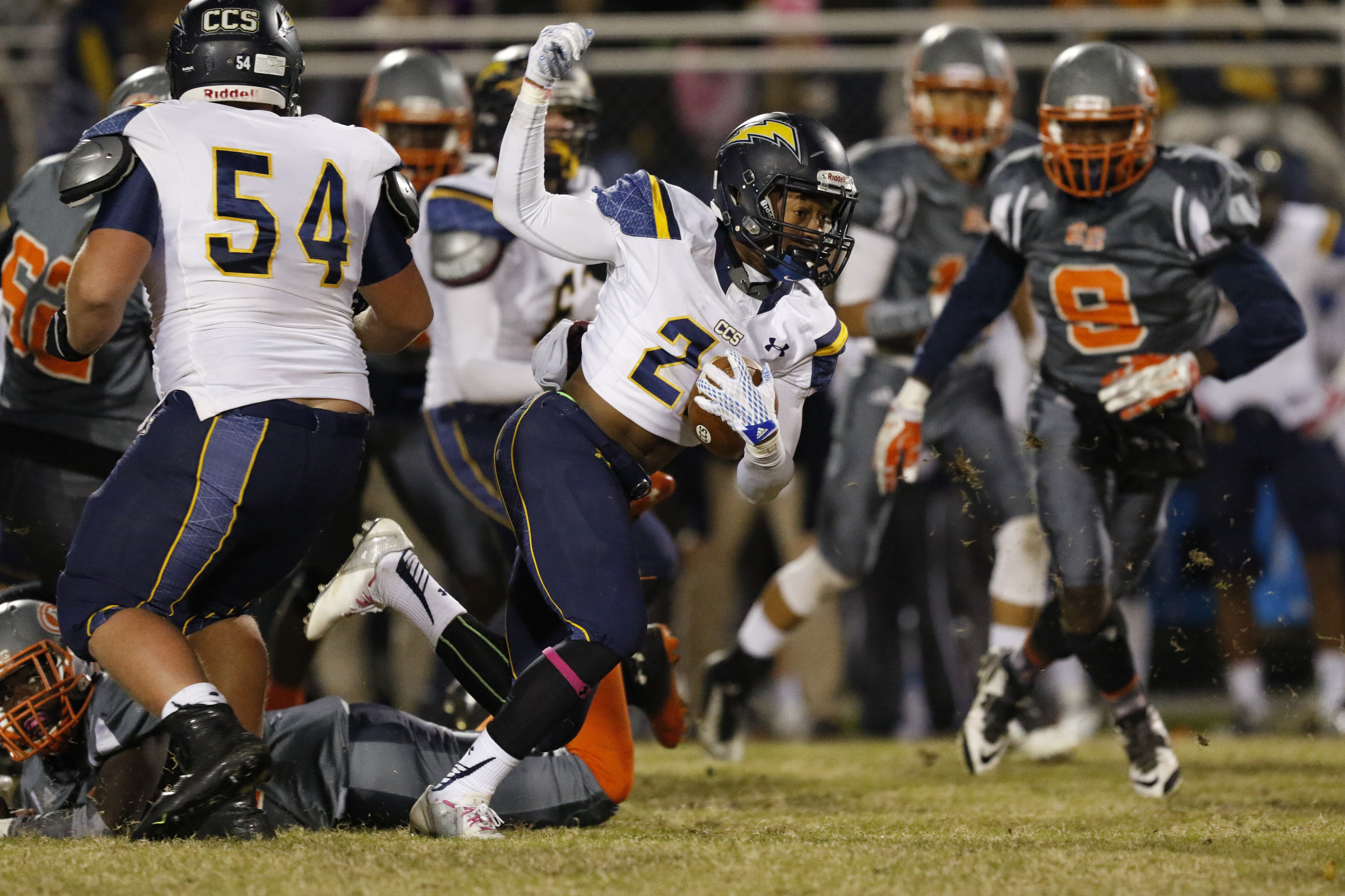 *Staff Photo by Dan Henry / The Chattanooga Times Free Press- 11/13/15. Chattanooga Christian's T.J. Smith (22) runs the ball while playing East Ridge at the Pioneer's home field on Friday, November 13, 2015.