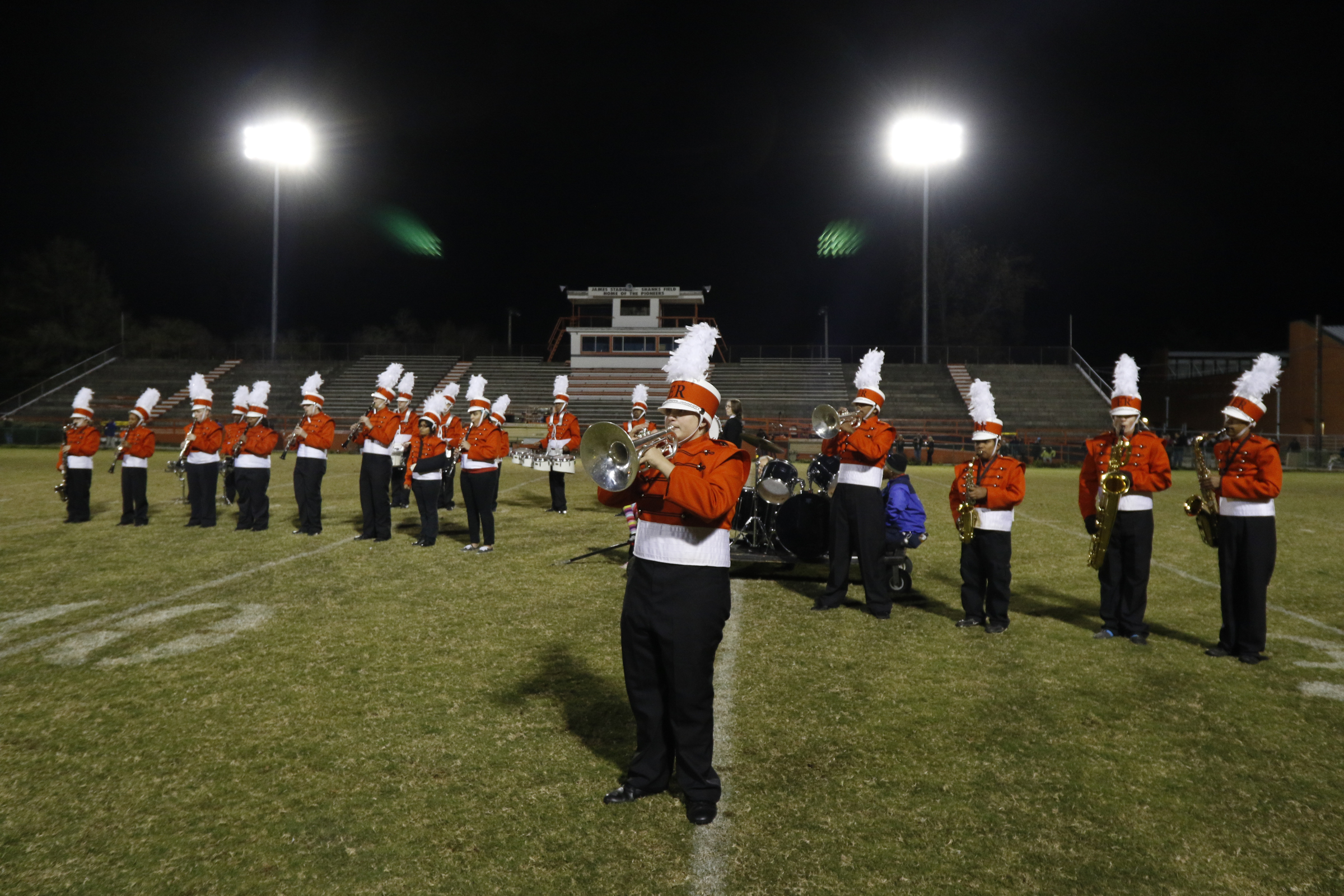 *Staff Photo by Dan Henry / The Chattanooga Times Free Press- 11/13/15. East Ridge mellophone player Delano Crnalic and the rest of the marching band play their halftime show in front of the condemned Pioneers stadium on Friday, November 13, 2015.