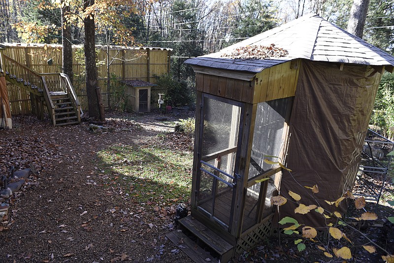 Enclosures for recuperating injured raptors are seen in the back yard at the home of Alix Parks at Happinest Wildlife Rescue on Tuesday, Nov. 10, 2015, in the town of Signal Mountain, Tenn.