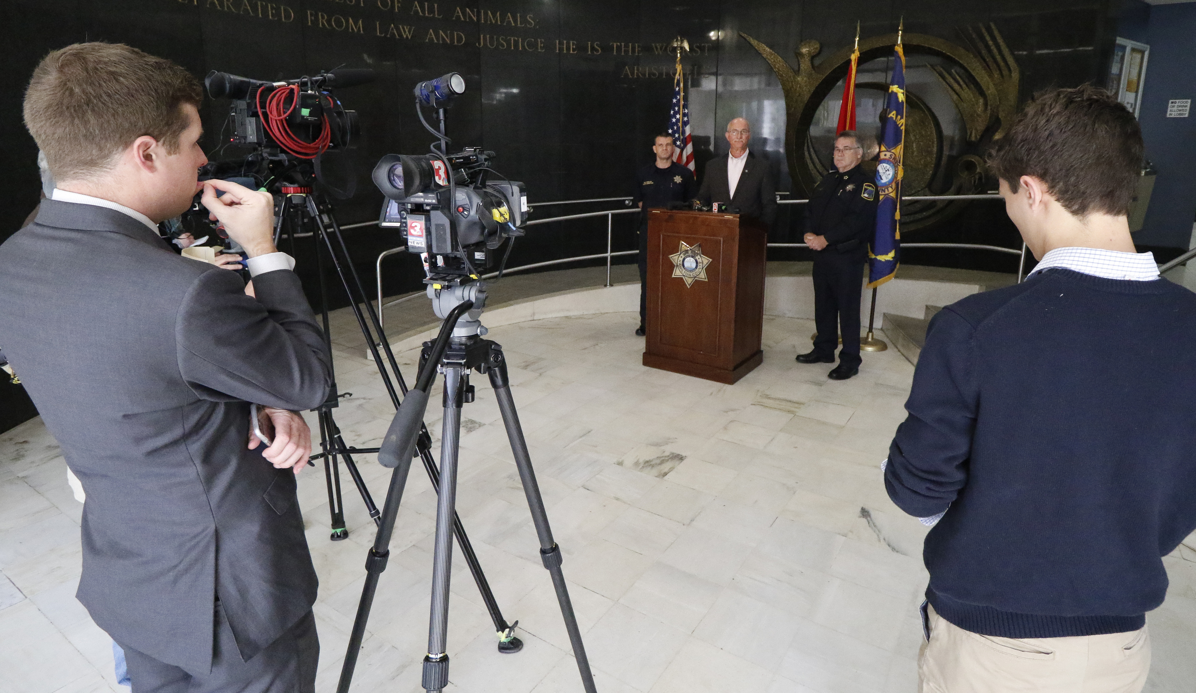 Joe Fowler, Chief of Corrections, Hamilton County Sheriff Jim Hammond and Chief Allen Branum speak about a new video kiosk that will be used for all visitation for inmates at the jail in downtown Chattanooga.