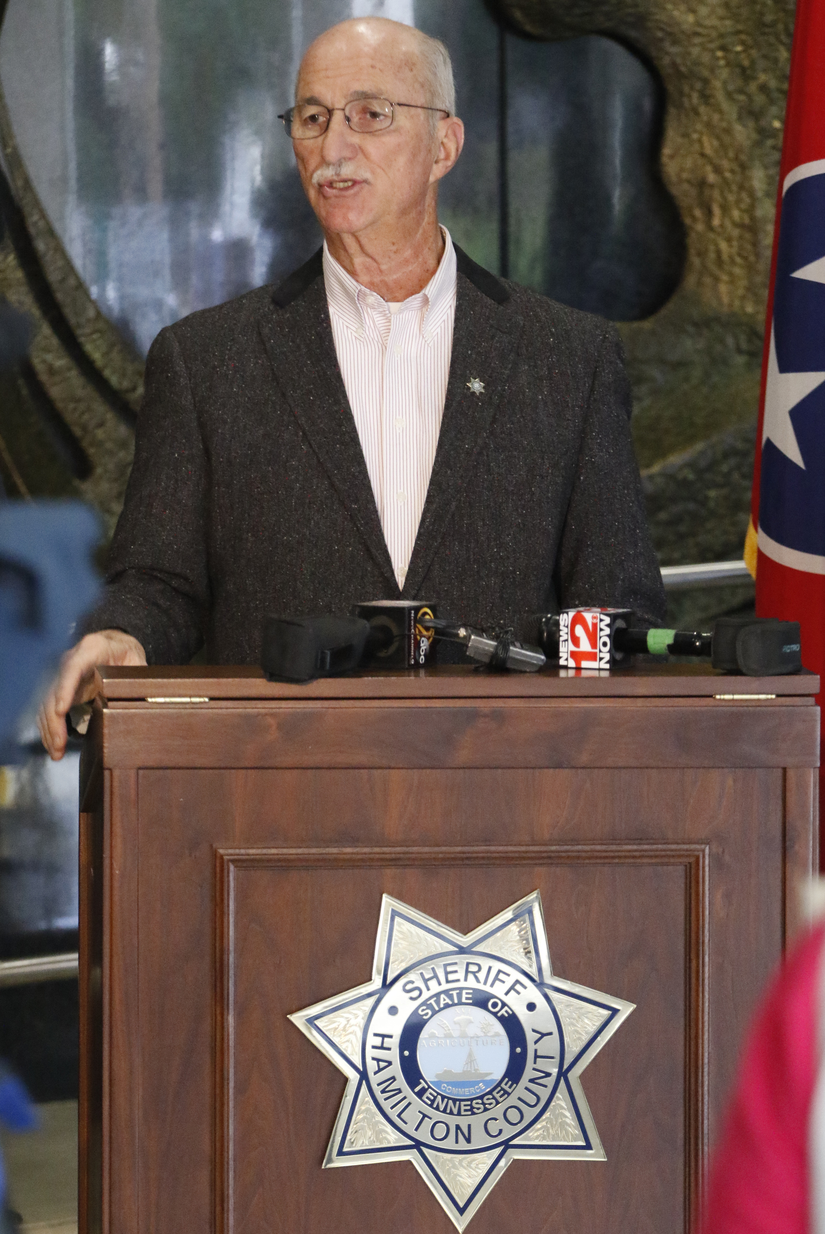 Hamilton County Sheriff Jim Hammond speaks about a new video kiosk that will be used for all visitation for inmates at the jail in downtown Chattanooga.