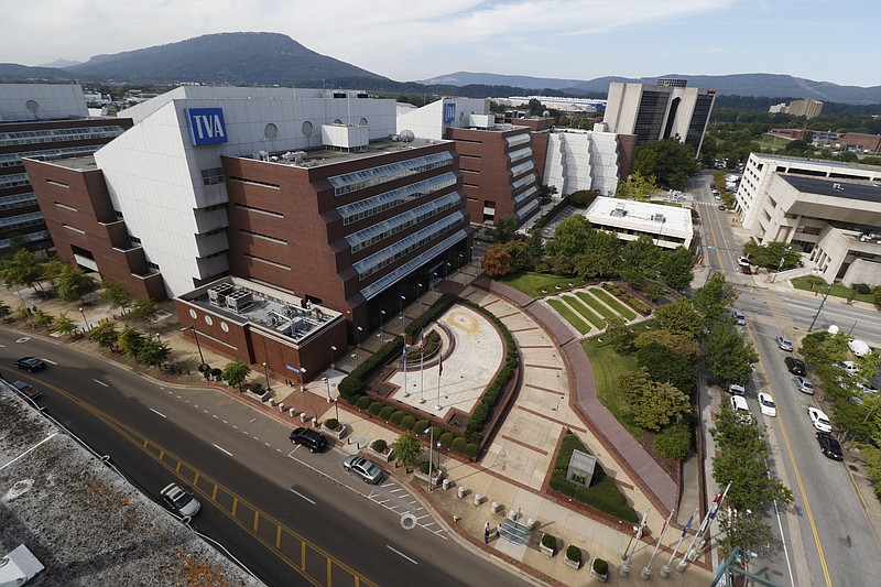 The TVA building and Market Street in downtown Chattanooga are seen from the roof of the Edney Building.