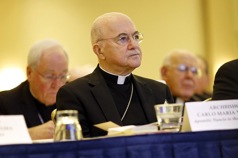 
              Archbishop Carlo Maria Vigano, Apostolic Nuncio to United States, listens to remarks at the United States Conference of Catholic Bishops' annual fall meeting, Monday, Nov. 16, 2015, in Baltimore. (AP Photo/Patrick Semansky)
            