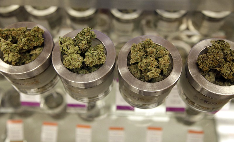 
              FILE - In this June 26, 2015, file photo, different varieties of marijuana flowers are displayed at medical marijuana dispensary in Portland, Ore. The American Medical Association agreed Monday, Nov. 16, 2015, to push for regulations requiring warnings be written on medical and recreational pot products and posted wherever they are sold, based on studies suggesting marijuana use may be linked with low birth weight, premature birth and behavior problems in young children. (AP Photo/Gosia Wozniacka, File)
            