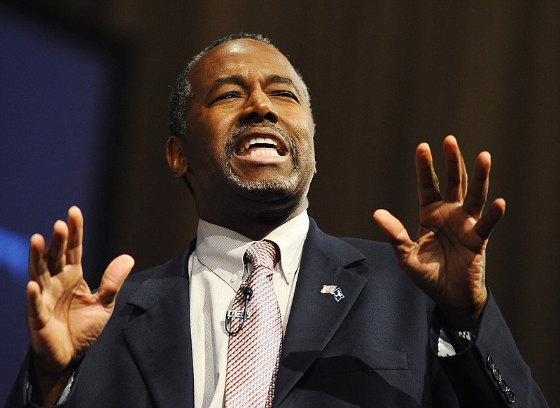 In this Nov. 13, 2015, photo, Republican Presidential candidate Ben Carson speaks during a town hall event at Bob Jones University in Greenville, S.C.