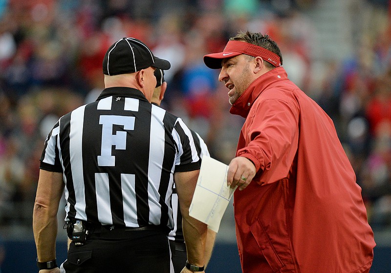 Bret Bielema of Arkansas is the only Southeastern Conference football coach who has his team playing better since facing Alabama.