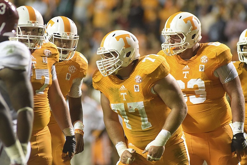 Left tackle Kyler Kerbyson (77) believes Tennessee's offensive line is ready for the test of Missouri's defensive line. The Volunteers face the Tigers on Saturday night in Columbia.