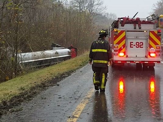 The Rescue Squad arrives at the scene of a fuel tanker truck wreck in Tennessee this morning.