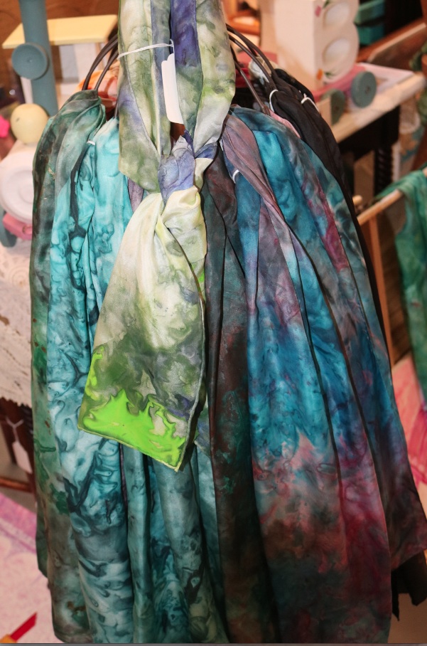 Hand-dyed silk scarves.