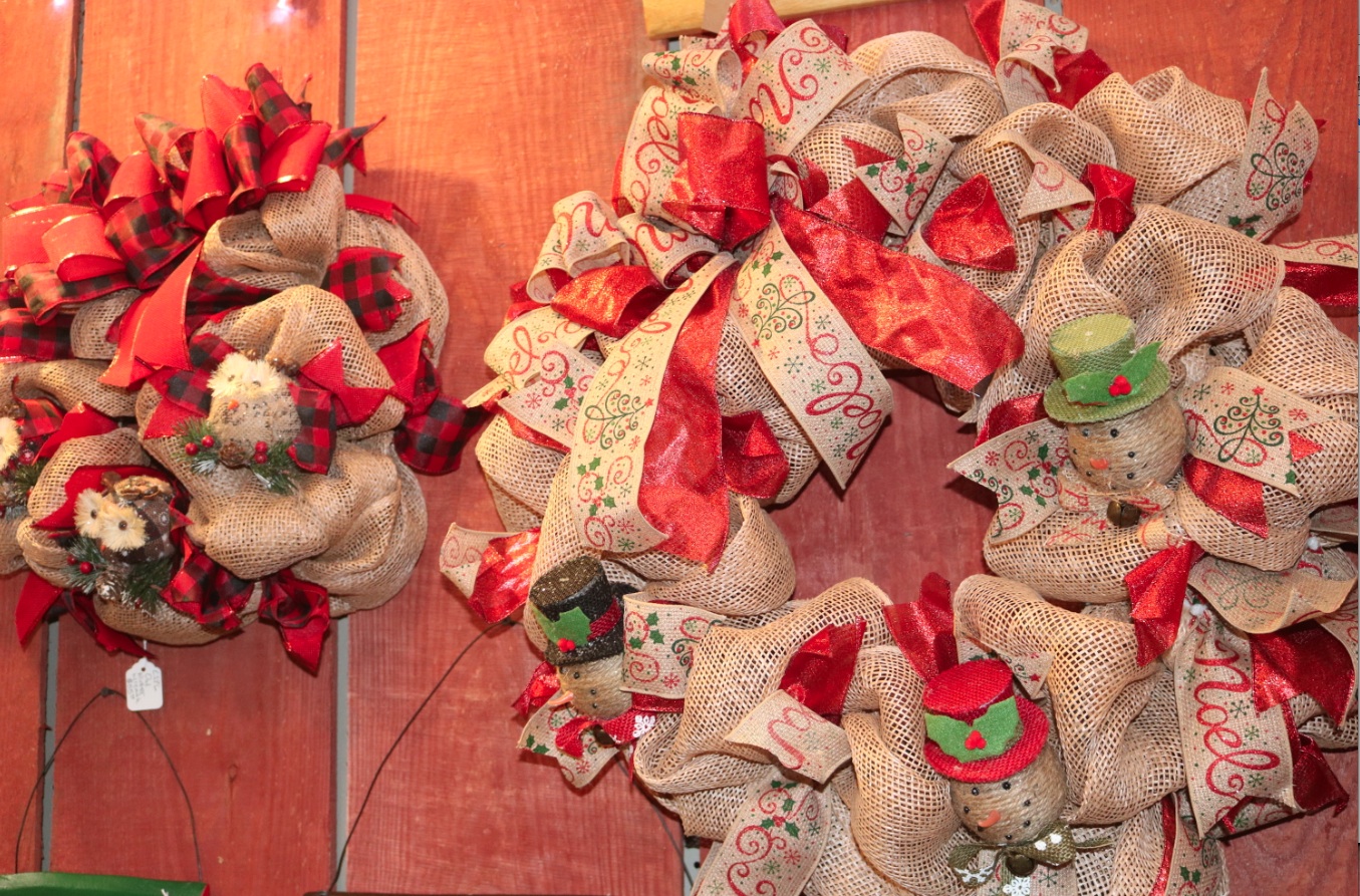 Burlap wreaths sell for up to $50 each.