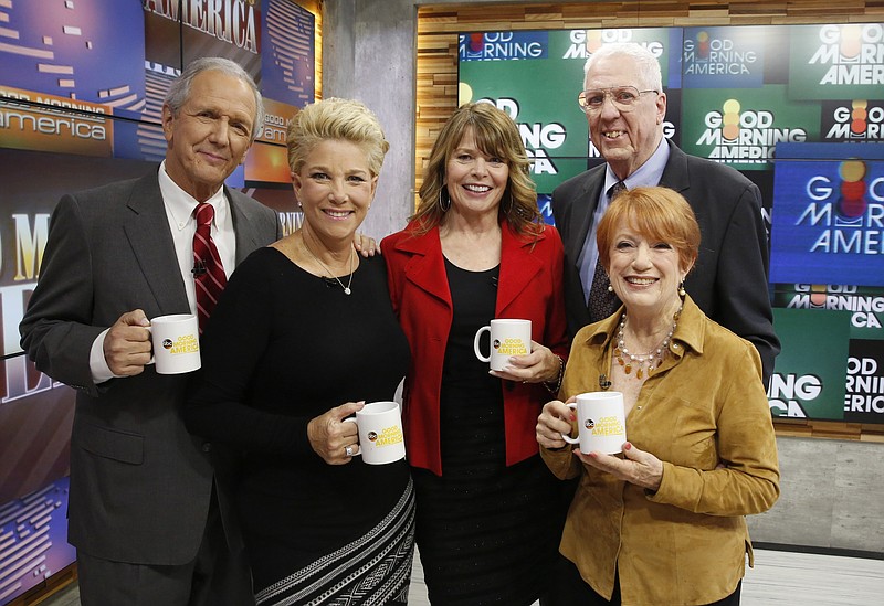 
              In this image released by ABC, from left, Charles Gibson, Joan Lunden, Sandy Hill, David Hartman and Nancy Dussault appear on "Good Morning America," for a special 40th anniversary celebration, Thursday, Nov. 19, 2015 in New York. (Heidi Gutman/ABC via AP)
            