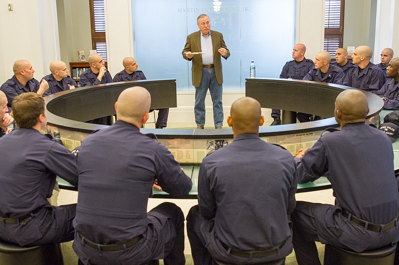 In this Oct. 1, 2015, photo, Nashville Police Chief Steve Anderson addresses the recruits police recruits during a program at the downtown library on the history of civil rights in Nashville.