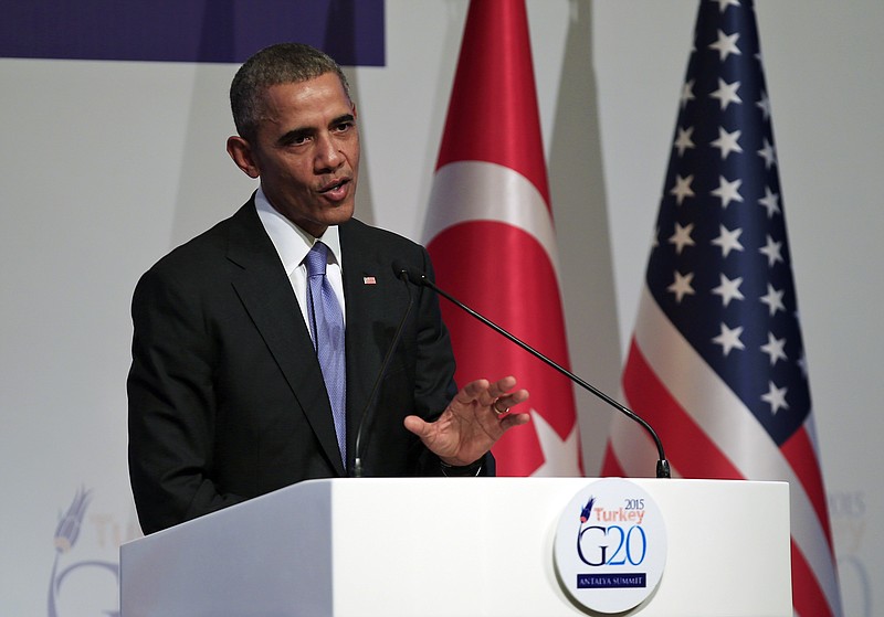 U.S. President Barack Obama talks during a news conference at the end of the G-20 summit in Antalya, Turkey, on Nov. 16.