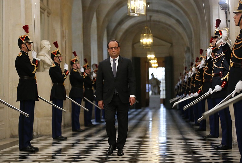French President Francois Hollande arrives to deliver a speech at the Versailles castle, west of Paris last Monday.