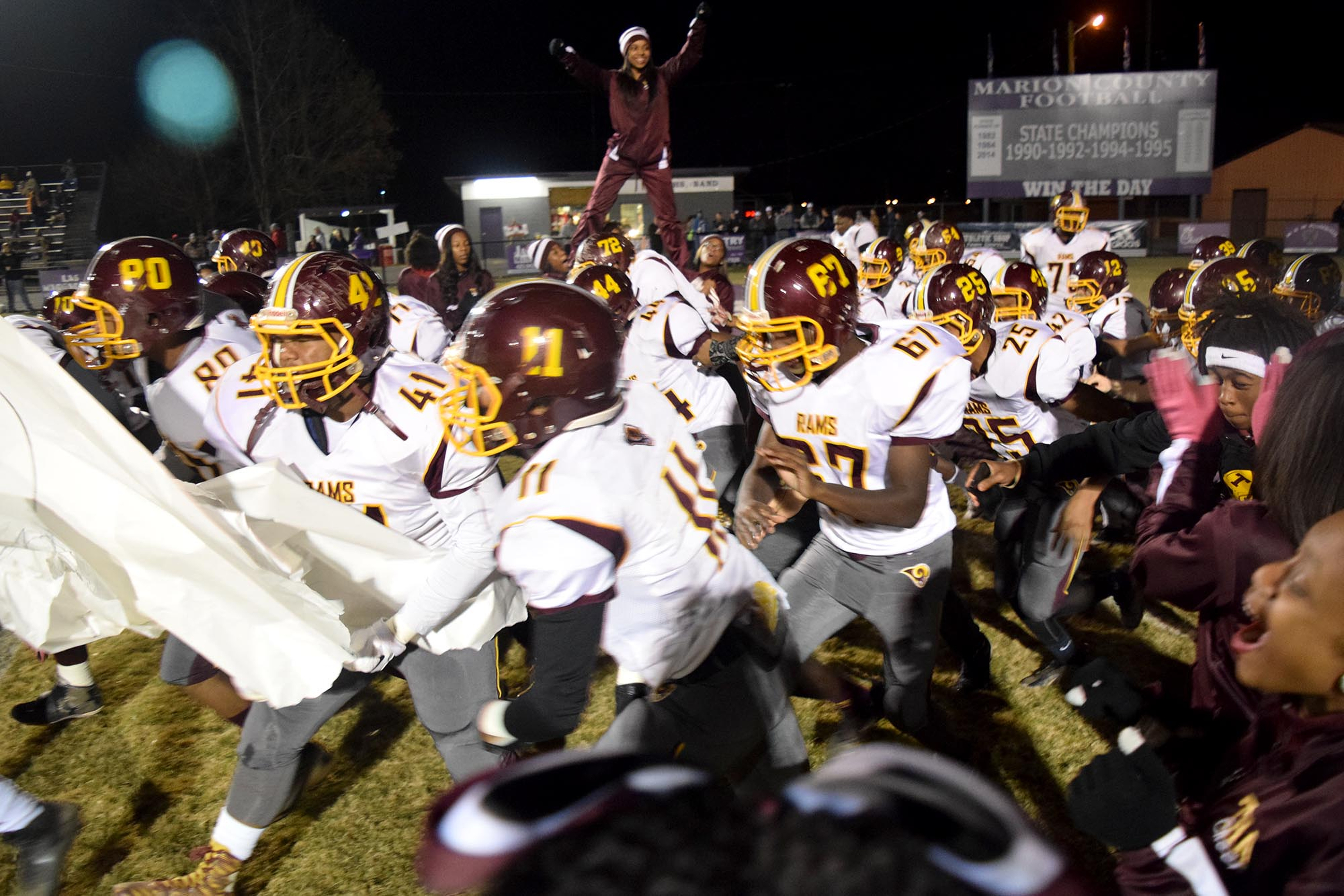 The Tyner Rams storm onto the field. The Tyner Rams visited the Marion County Warriors in a quarterfinal game in the TSSAA State Football Playoffs on Friday November 20, 2015.