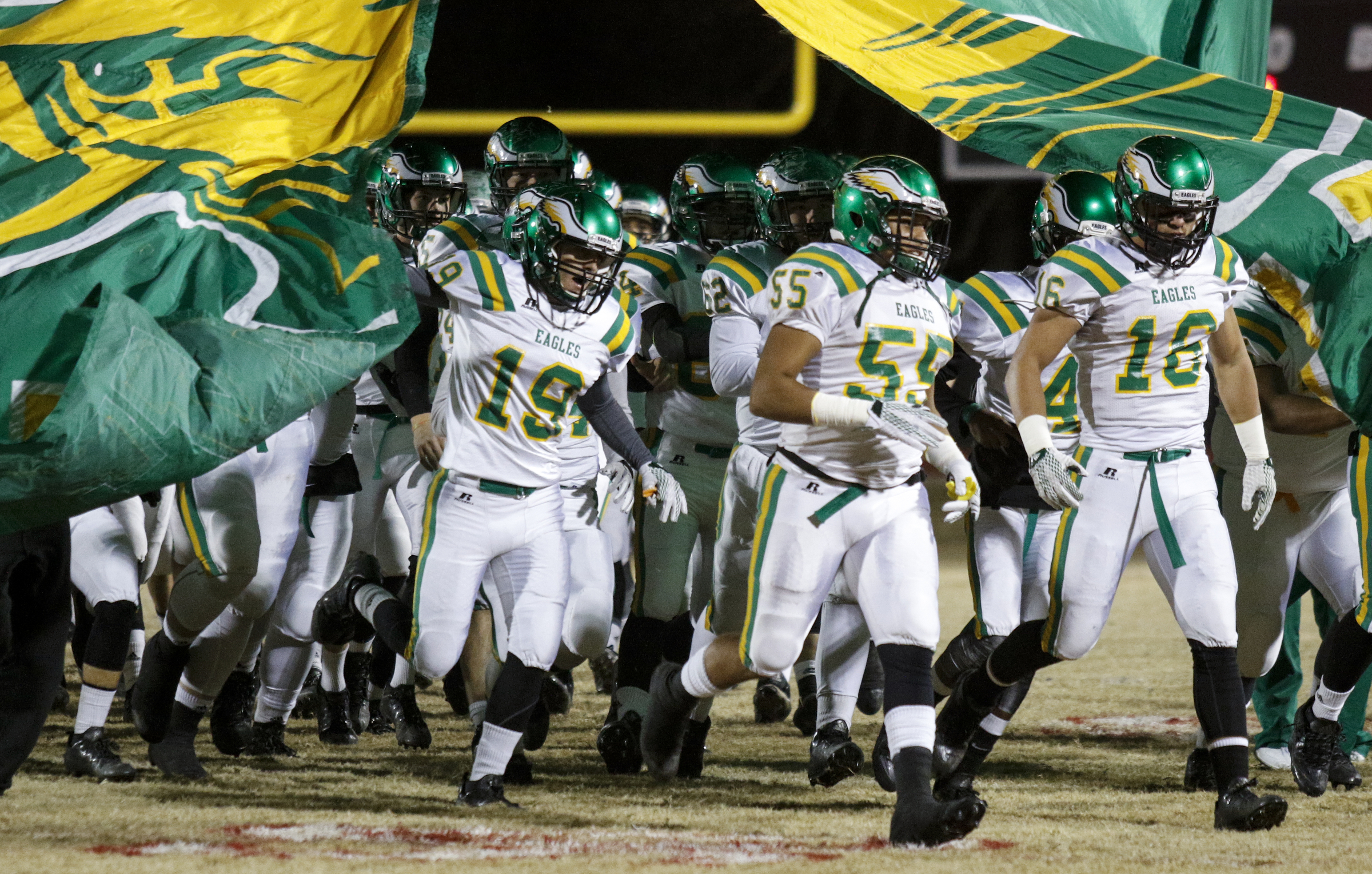 Rhea County takes the field for their TSSAA prep football playoff football game against Ooltewah at Ooltewah High School on Friday, Nov. 20, 2015, in Ooltewah, Tenn.