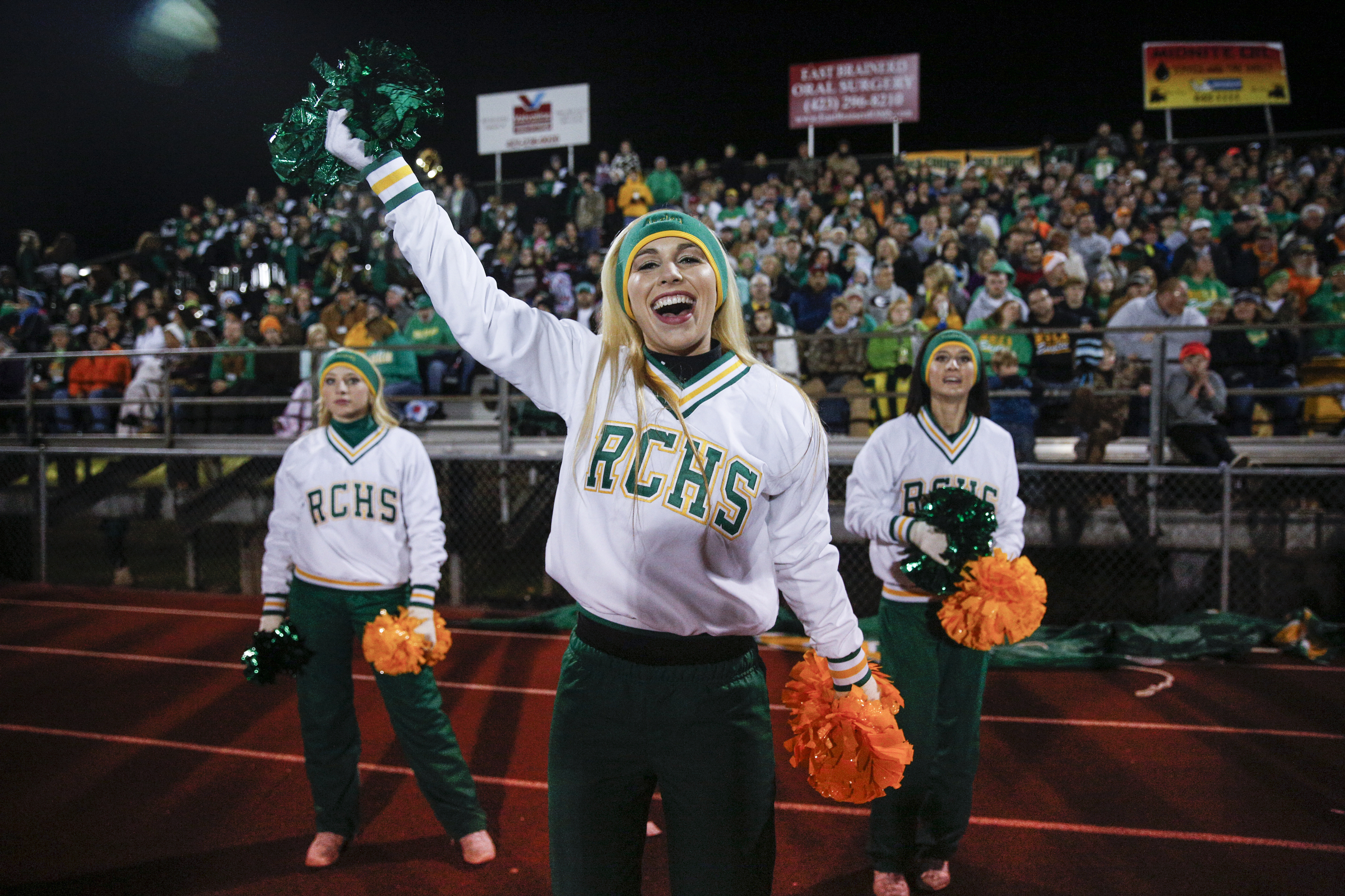 Rhea County cheerleaders cheer during their TSSAA prep football playoff football game against Ooltewah at Ooltewah High School on Friday, Nov. 20, 2015, in Ooltewah, Tenn.