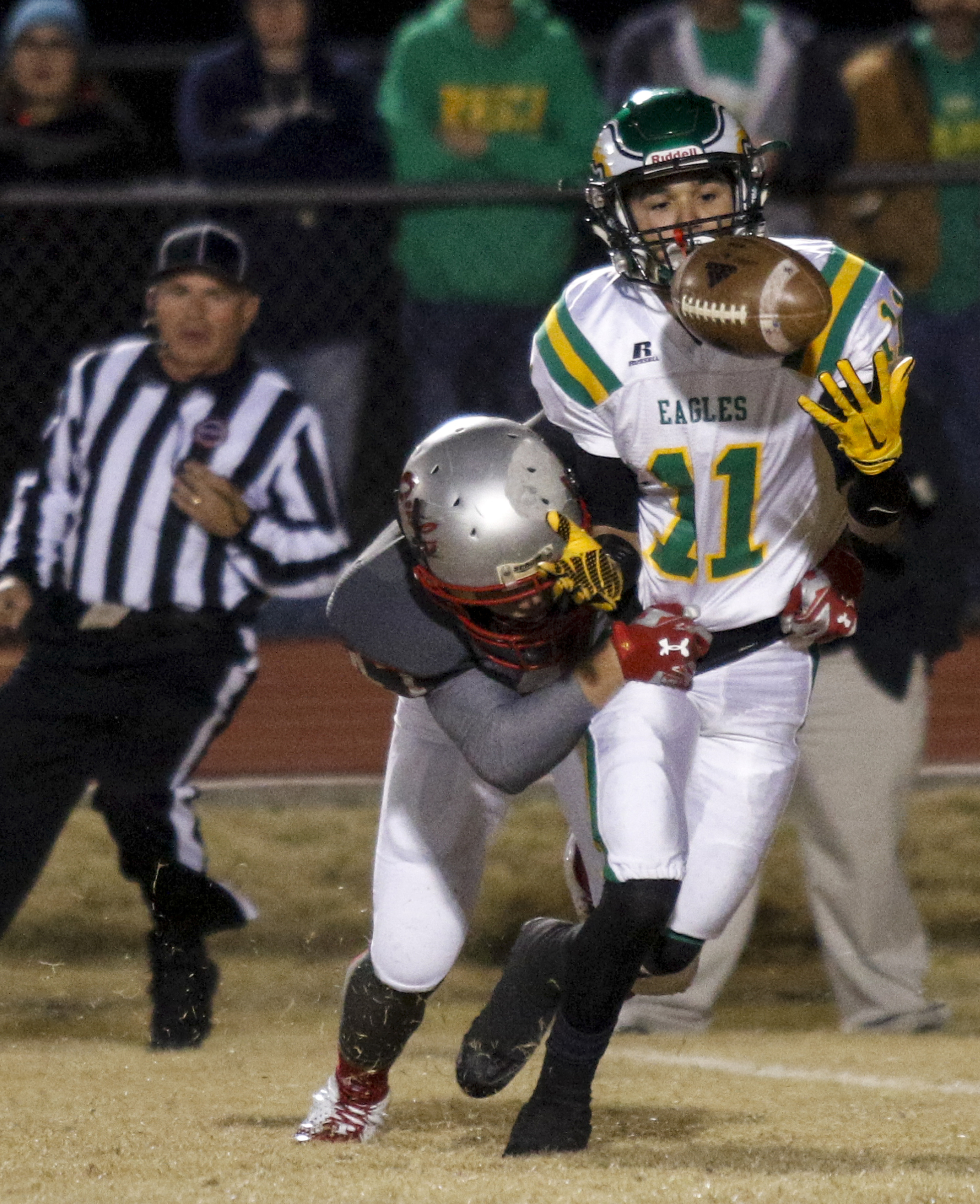 Ooltewah's Andy Reed tackles Rhea County's Noel Patterson during their TSSAA prep football playoff football game at Ooltewah High School on Friday, Nov. 20, 2015, in Ooltewah, Tenn.