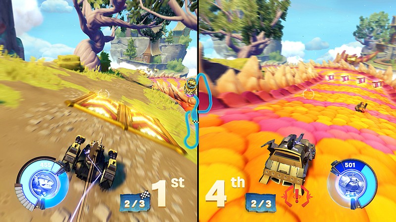 
              This image provided by Activision shows a scene with two players competing in the video game, “Skylanders SuperChargers.” The “toys-to-life” genre - in which physical action figures come to life on the game screen - is a boon for gift-givers: If your recipient already owns one of the games, the add-on characters make great stocking stuffers. (Activision via AP)
            