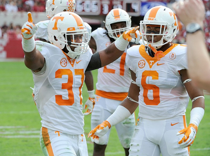 Tennessee defensive back Brian Randolph (37) celebrates his interception during an NCAA college football game  in Tuscaloosa, Ala. on Saturday, Oct. 24, 2015. Alabama won 19-14. (Michael Patrick/Knoxville News Sentinel via AP)