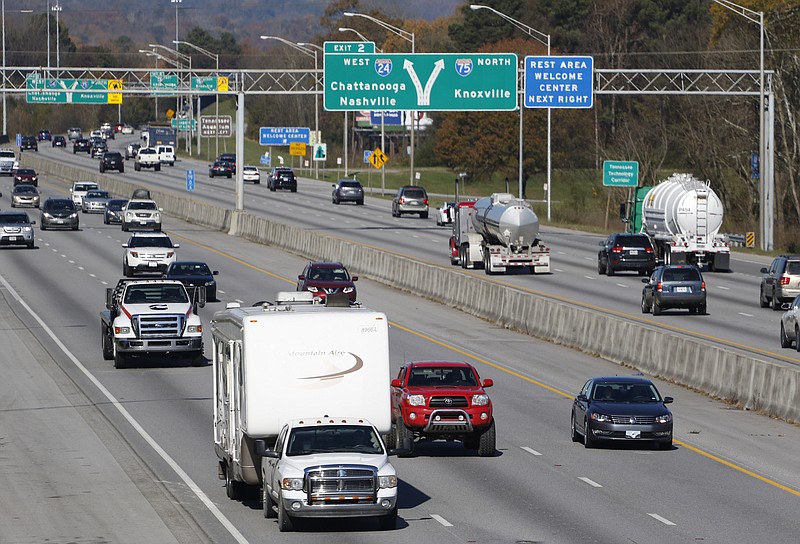 *Staff Photo by Dan Henry / The Chattanooga Times Free Press- 11/23/15. Motorists travel past the I-75 Georgia/Tennessee state line visitors center on Monday, November 23, 2015.