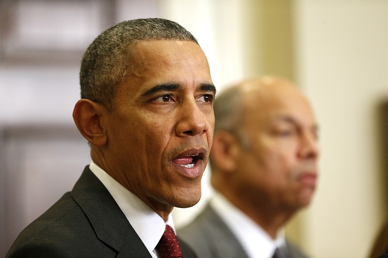 
              President Barack Obama, accompanied by Homeland Security Secretary Jeh Johnson, speaks in the Roosevelt Room of the White House in Washington, Wednesday, Nov. 25, 2015, to brief the public on the nation's homeland security posture heading into the holiday season, following meeting with his national security team. (AP Photo/Pablo Martinez Monsivais)
            