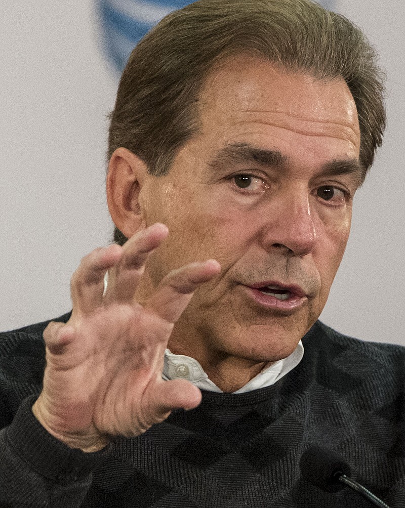 
              Alabama NCAA college football coach Nick Saban talks with the media about Saturday's Iron Bowl matchup with Auburn in his weekly press conference, Monday, Nov. 23, 2015, at Naylor-Stone Media Suite in Tuscaloosa, Ala.  (Vasha Hunt/Alabama Media Group via AP)
            