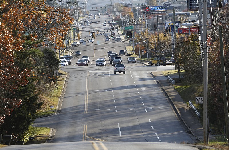 Staff Photo by Dan Henry / The Chattanooga Times Free Press- 11/26/15. Motorists make their way along the section of Gunbarrel Road where it constricts from multiple lanes down to two. 