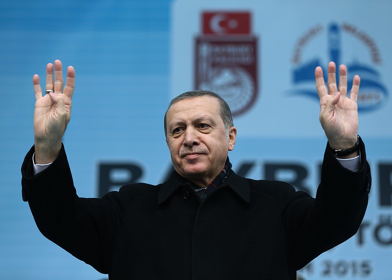 
              Turkey's President Recep Tayyip Erdogan addresses a rally in Bayburt, Turkey, Friday, Nov. 27, 2015. Russia announced Friday that it will suspend visa-free travel with Turkey amid the escalating spat over the downing of a Russian warplane by a Turkish fighter jet at the Syrian border. Erdogan refused to apologize for the plane's downing, which Ankara said came after it flew for 17 seconds into Turkish airspace. At the same timed, Erdogan said he has tried in vain to speak by phone to Putin to discuss the situation.(AP Photo/Yasin Bulbul, Presidential Press Service, Pool )
            