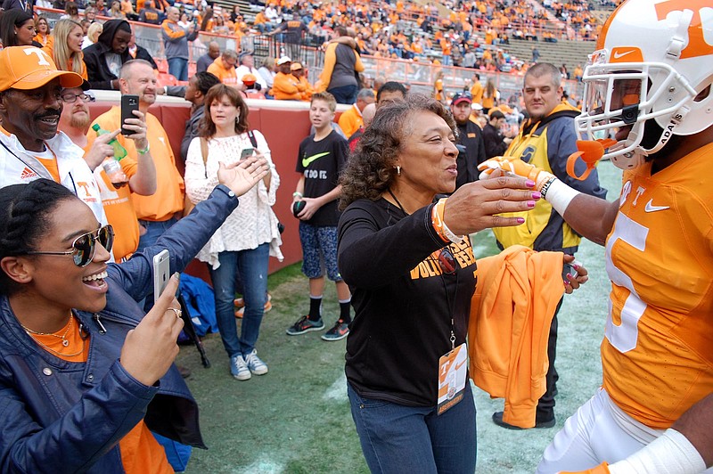 Tennessee's Ralph Davd Abernathy IV (5) is greeted by fans before the game.  The Vanderbilt Commodores visited the Tennessee Volunteers in SEC football action November 28, 2015.