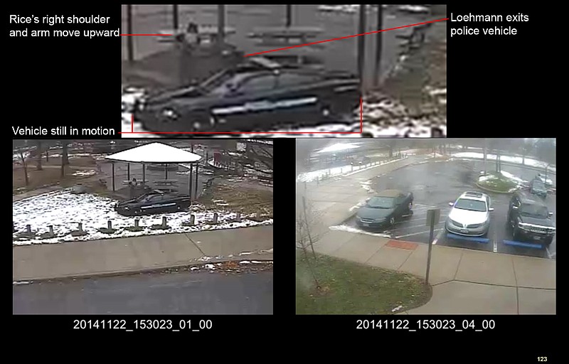 
              This combination of still images taken from a surveillance video and released Saturday, Nov. 28, 2015, by the Cuyahoga County Prosecutor's Office, shows Cleveland police officers arriving at Cudell Park on a report of a man with a gun. Twelve-year-old Tamir Rice was fatally shot by Cleveland police officer Timothy Loehmann, Nov. 22, 2014, after he reportedly pulled a replica gun at the city park. The enhancement by a California video expert will be presented to a grand jury that will decide if then-rookie patrolman Loehmann or his training officer should be charged criminally for Loehmann killing Rice. (Cuyahoga County Prosecutor's Office via AP)
            