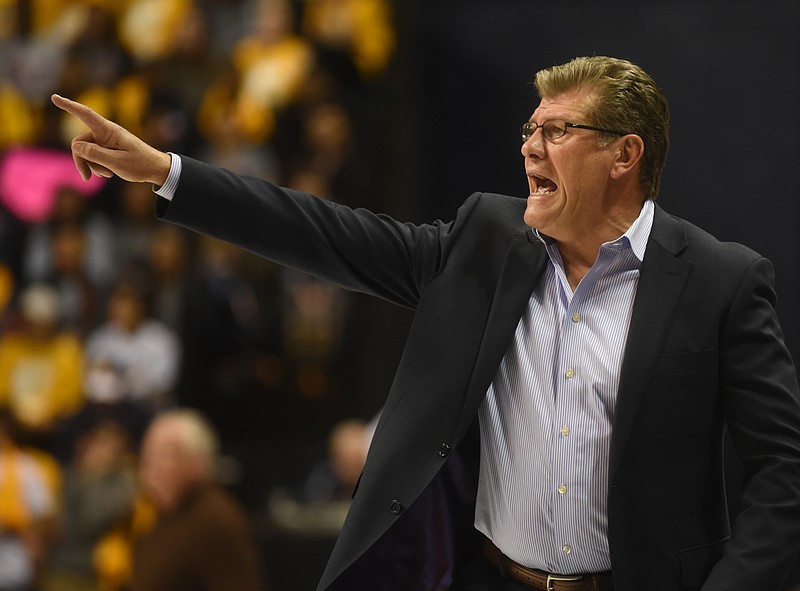 Connecticut coach Geno Auriemma yells during the  game against UTC Monday, November 30, 2015 at McKenzie Arena.