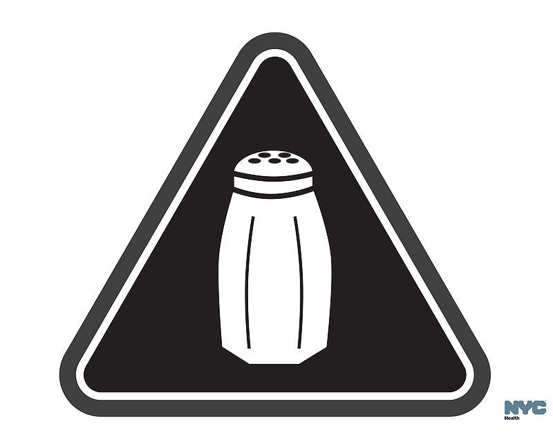 
              File-In this undated image released by the New York City Health Department, shows a graphic that will soon be warning NYC consumers of high salt content. New York City is opening a new era in nutritional warnings this week: Chain restaurants will have to start putting a special symbol on highly salty dishes.  The first-of-its-kind rule takes effect Tuesday. It will require a salt-shaker-like emblem on some sandwiches, salads and other menu items that top the recommended daily limit of 2,300 milligrams of sodium. That’s about a teaspoon.  (Antonio D'Angelo/New York City Health Department via AP)
            