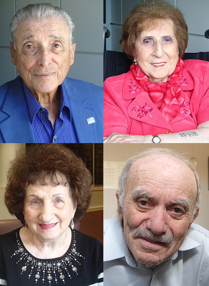 This photo illustration shows four photographs of holocaust survivors whose faces were captured by John Pregulman. 