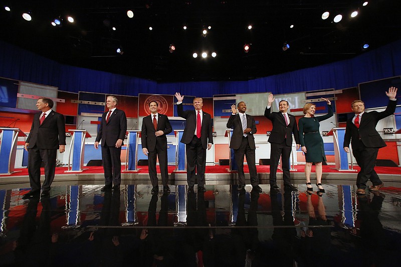 Republican presidential candidates John Kasich, Jeb Bush, Marco Rubio, Donald Trump, Ben Carson, Ted Cruz, Carly Fiorina and Rand Paul on stage before the Republican Nov. 10 presidential debate in Milwaukee.